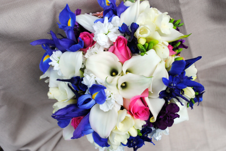 Hermosos ramos de flores de blanco, azul, rojo, amarillo, lirios púrpuras con sus propias manos: foto. Flor de iris - valor, símbolo