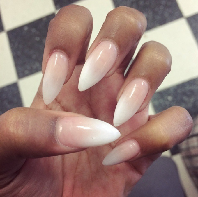 Beige white ombre on the nails of short, long, sharp.