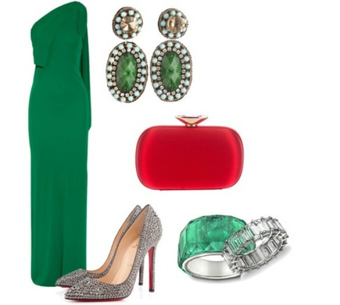 Emerald dress and silver shoes with crystals.