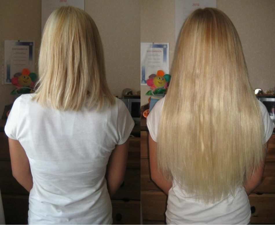 Extensão do cabelo da fita. Fotos antes e depois